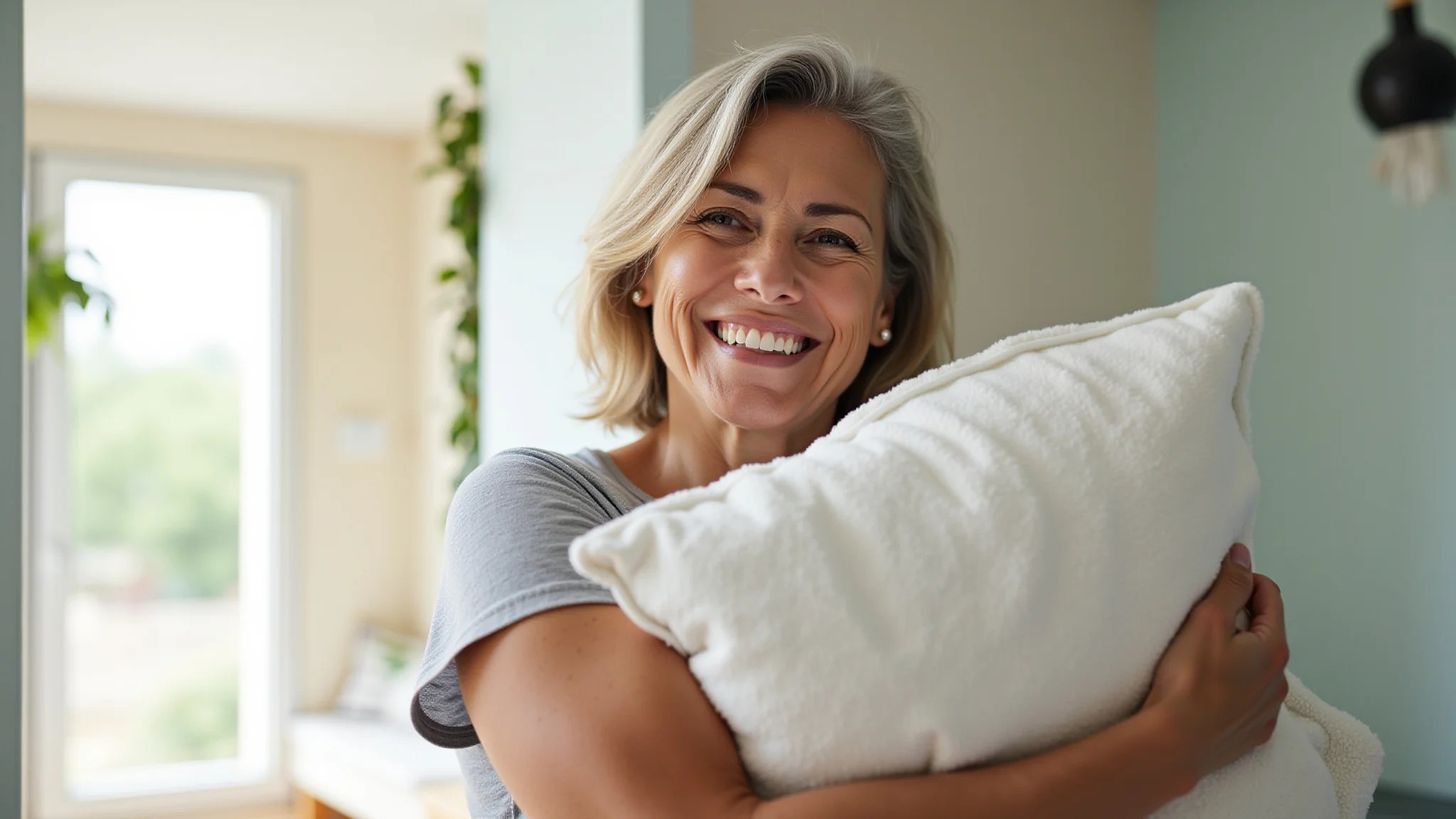 Mulher sorrindo segurando um travesseiro recém-lavado em casa aconchegante.
