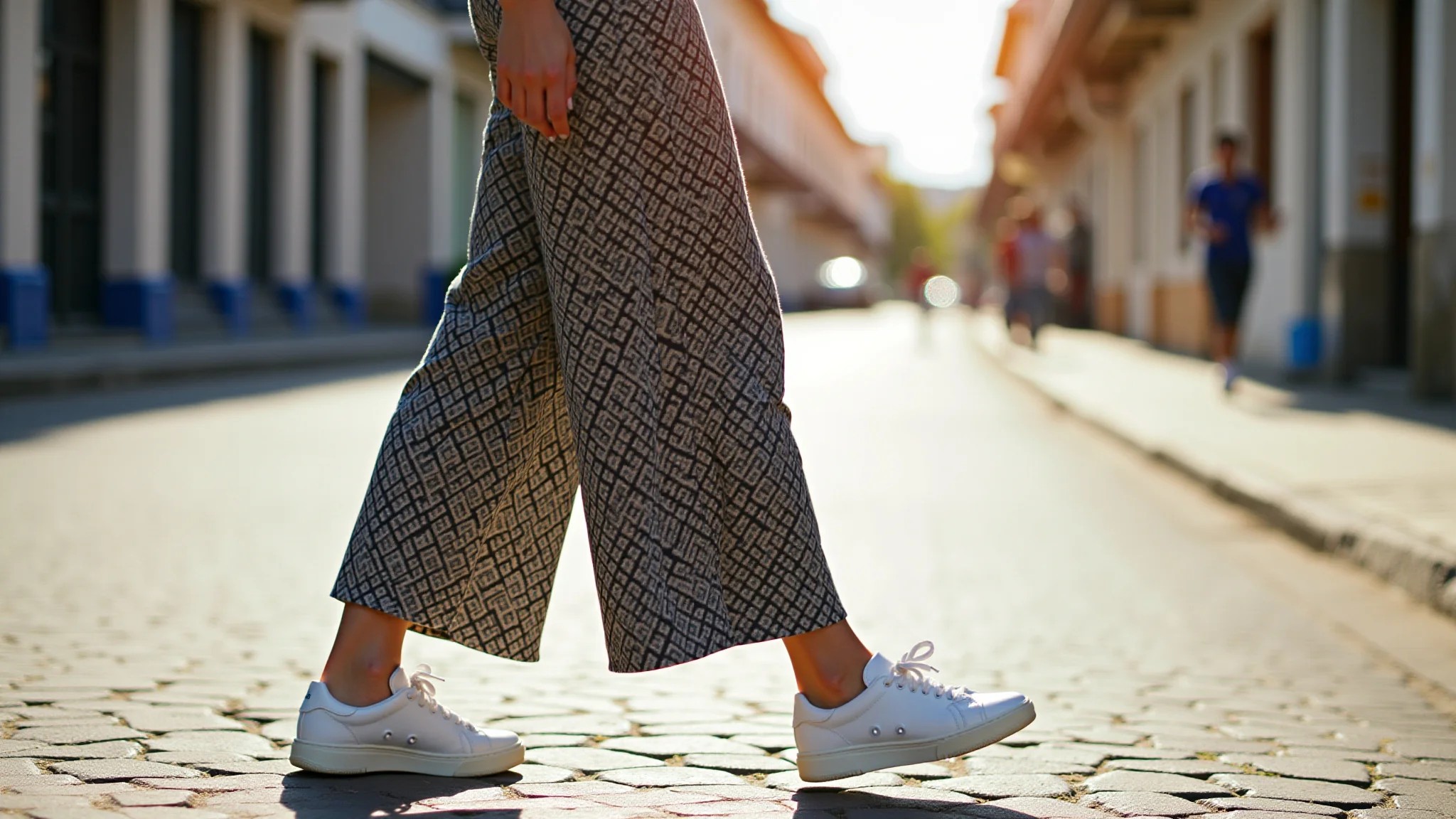 Mulher com calça pantalona estampada e tênis branco em dia ensolarado no Brasil.