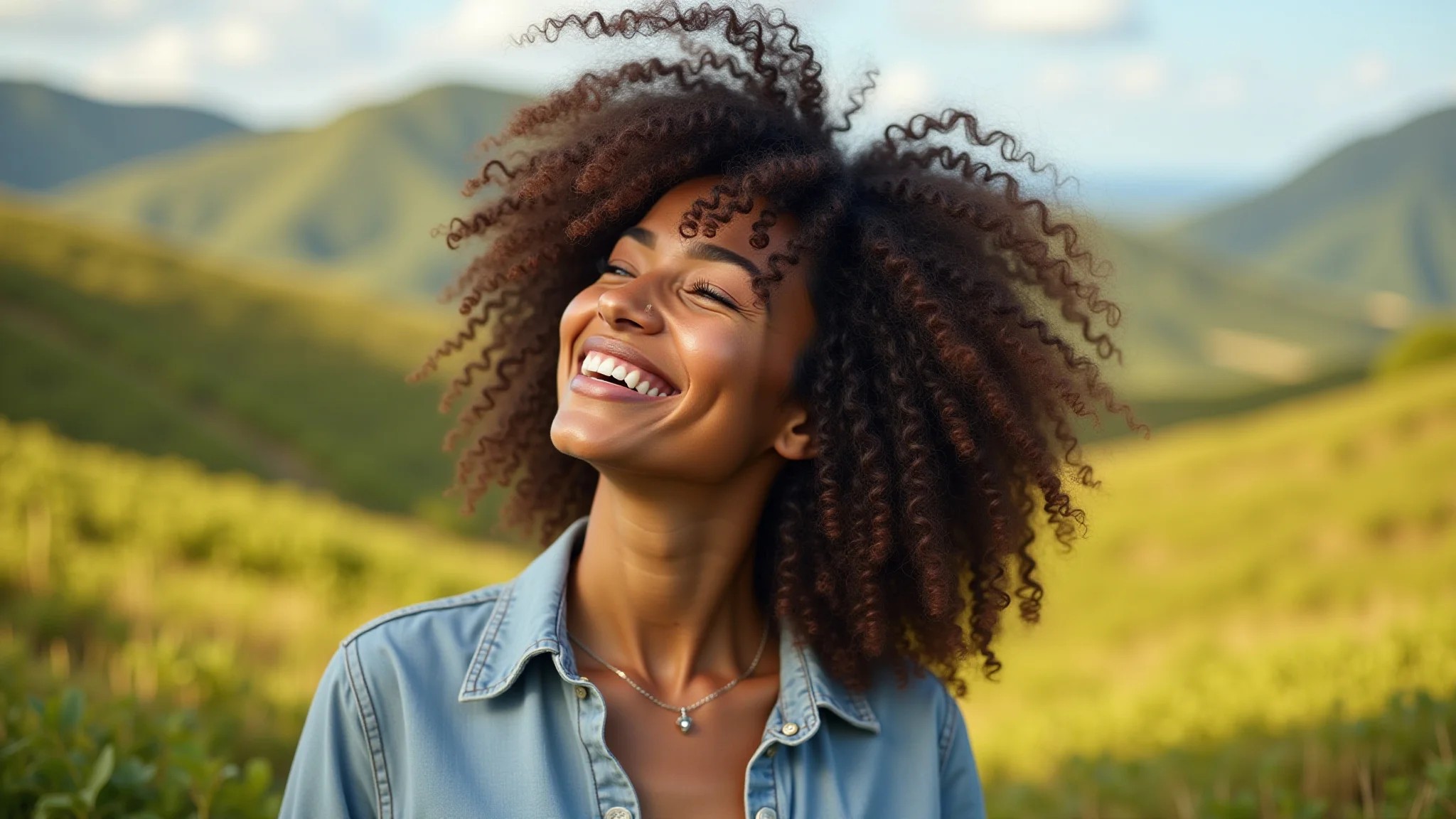 Mulher com cabelo cacheado aproveitando os resultados da selagem, paisagem brasileira vibrante.
