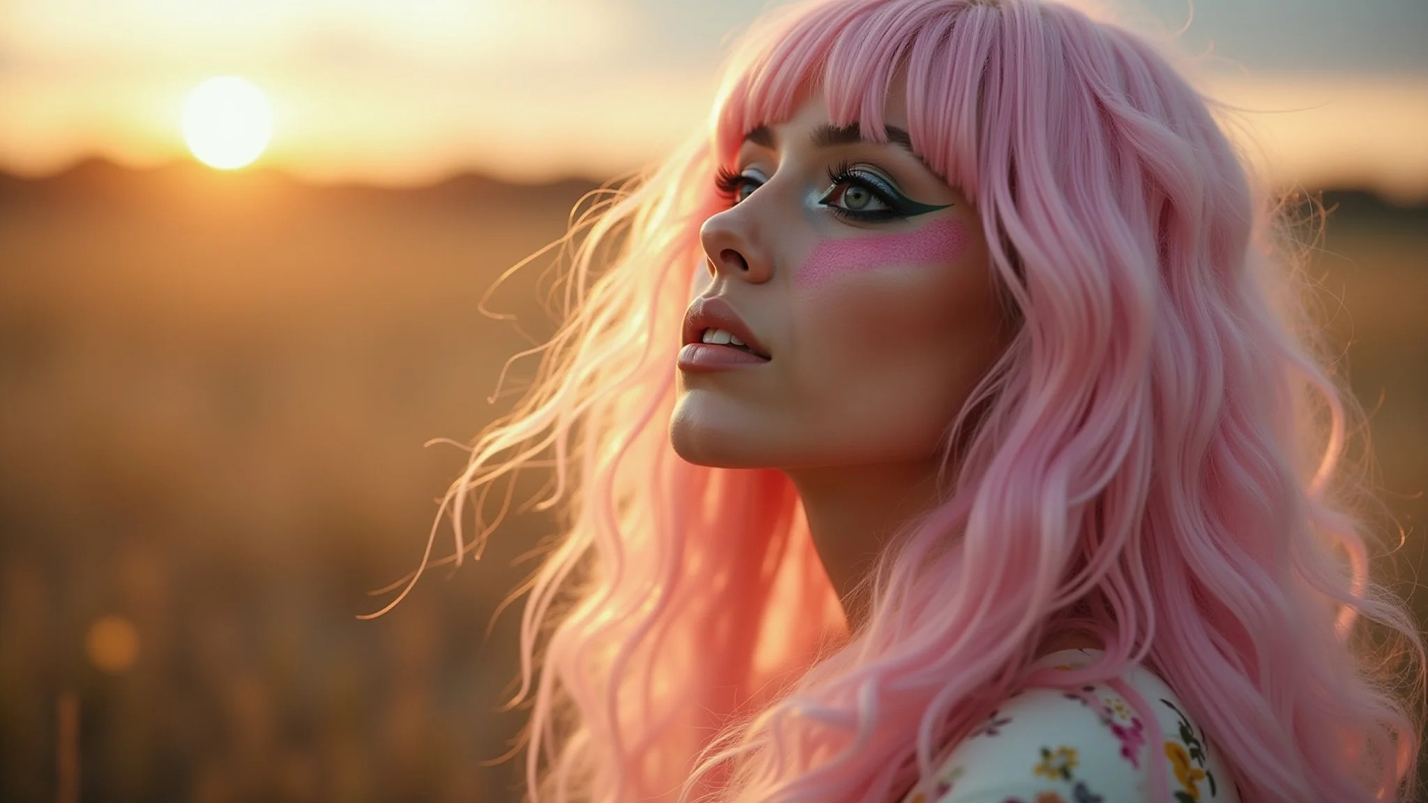 Mulher com cabelo rosa pastel e maquiagem criativa sob luz suave da golden hour.