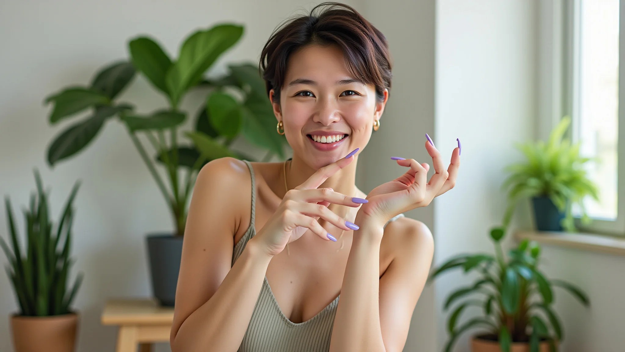 Mulher jovem com unhas lavanda pastel e vestido Farm Rio em apartamento brasileiro.