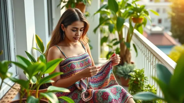 Mulher jovem crocheta vestido colorido em varanda ensolarada, cercada por plantas.