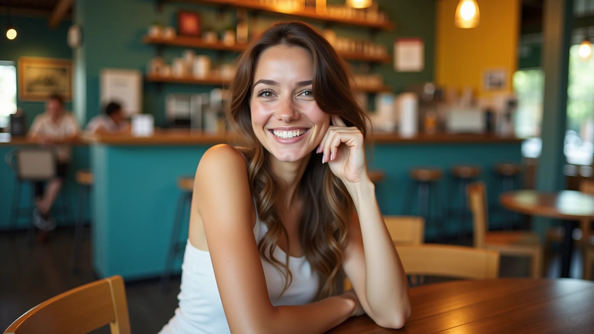Mulher sorrindo confiante em café vibrante, transmitindo autoconfiança.