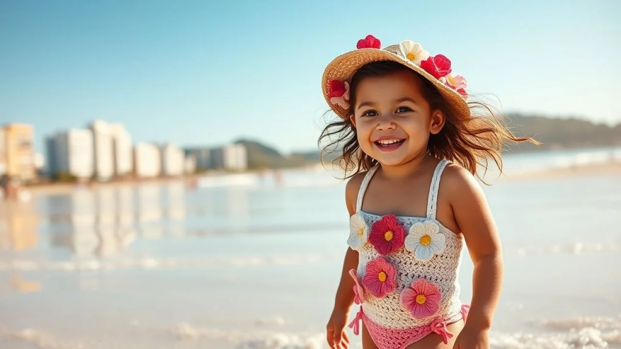 Little Brazilian girl smiling, wearing a comfortable crochet bikini with floral appliques, playing Menina brasileira feliz na praia usando biquíni de crochê confortável.