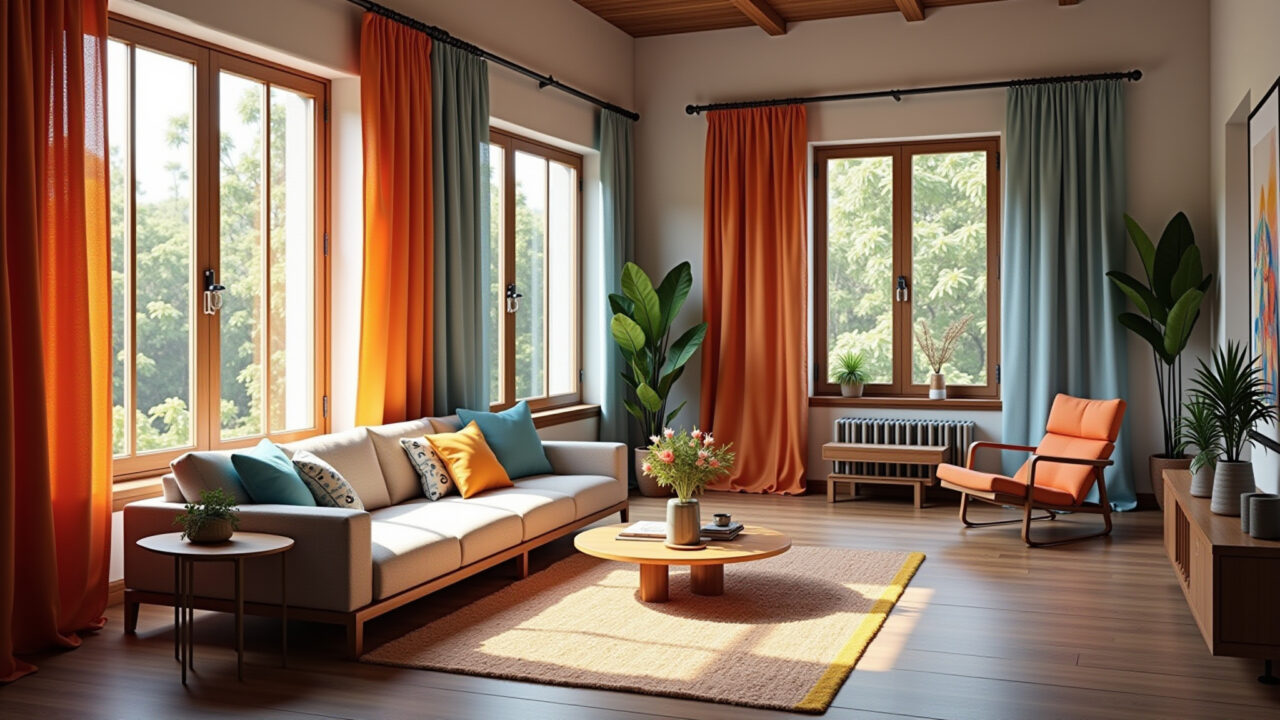 Living room, double height, colorful curtains, geometric patterns, vibrant decor, Brazilian style, Sala de estar vibrante com cortinas estampadas para pé direito duplo.