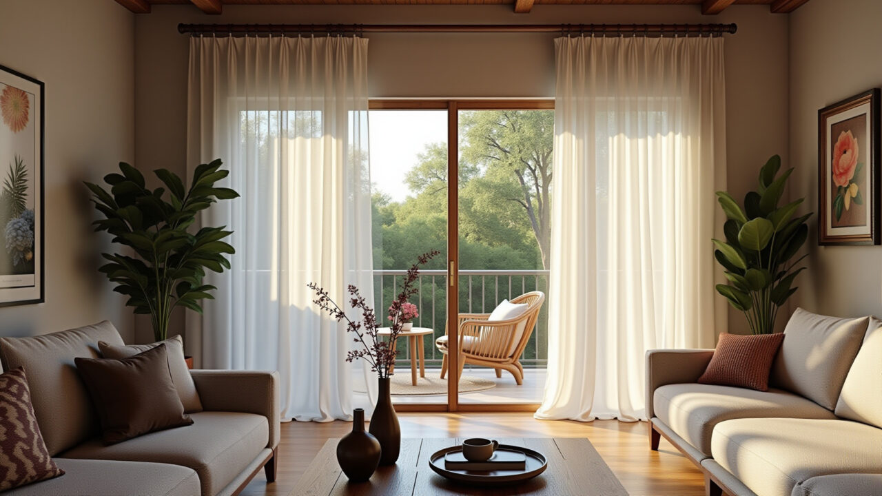Living room, double height curtains, wooden rod, rustic decor, natural light, Brazilian style, cozy Sala de estar aconchegante com cortinas e varão de madeira para pé direito duplo.