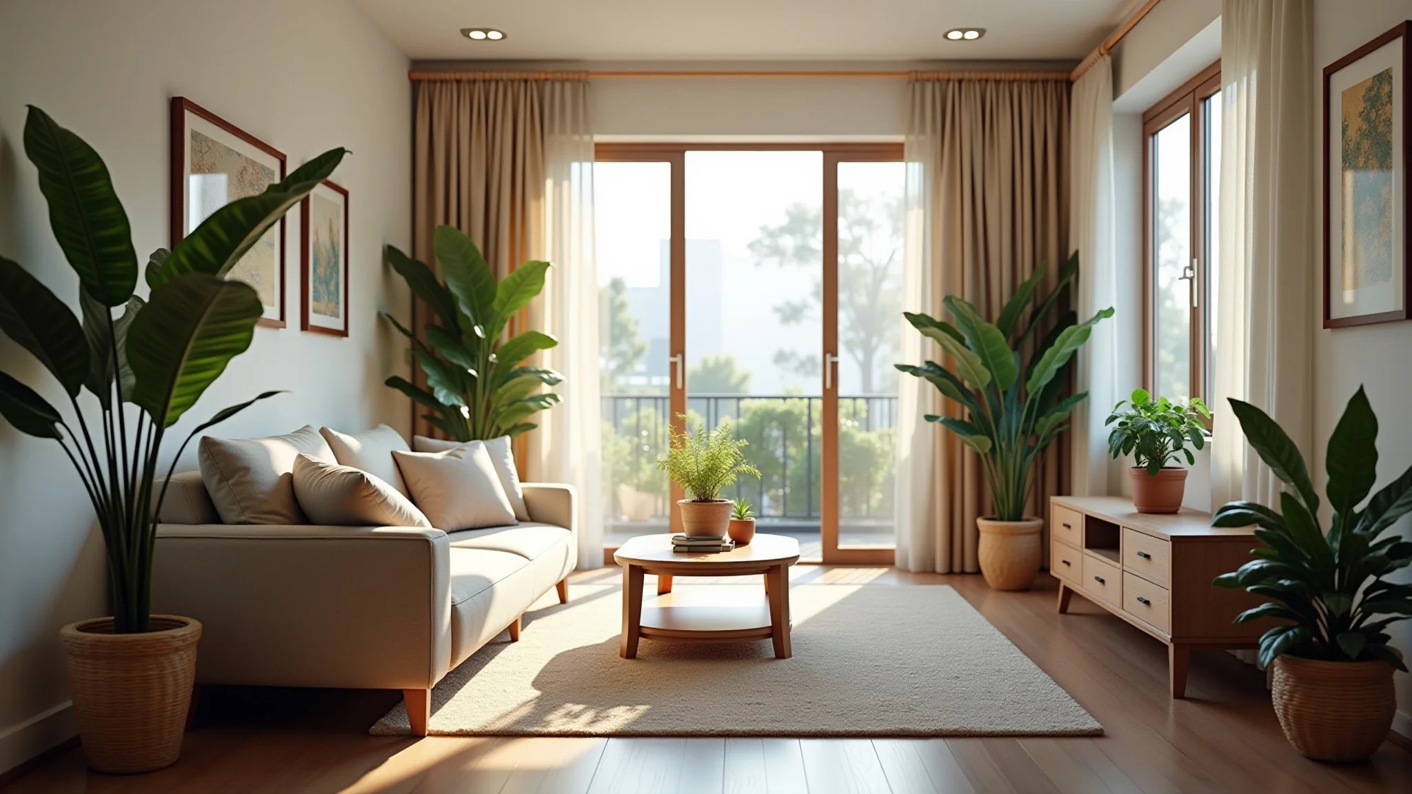Sala de estar com Feng Shui, sofá posicionado de frente para a porta e elementos naturais.