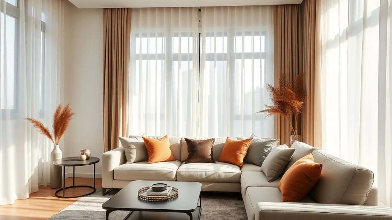 Sala de estar brasileira com cortinas e almofadas de viscose