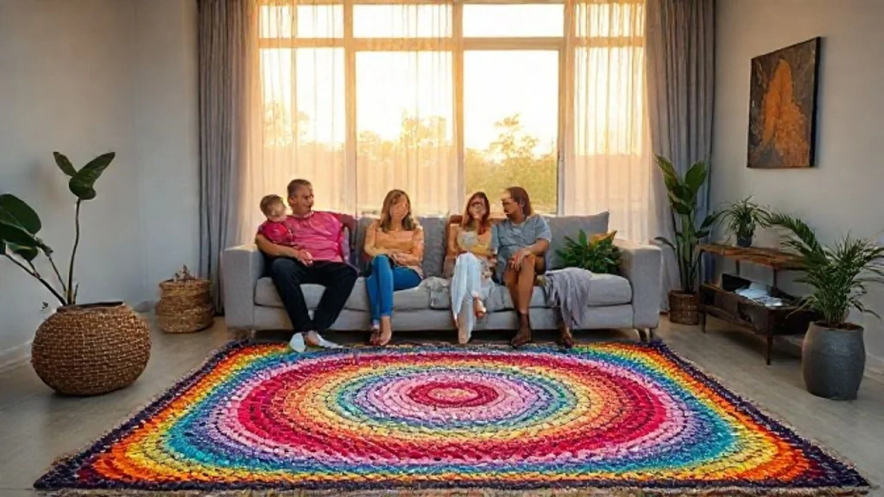 Living room in a modern Brazilian home with a colorful crochet rug as a focal point, lifestyle Sala de estar moderna com tapete de crochê colorido, família brasileira relaxando.
