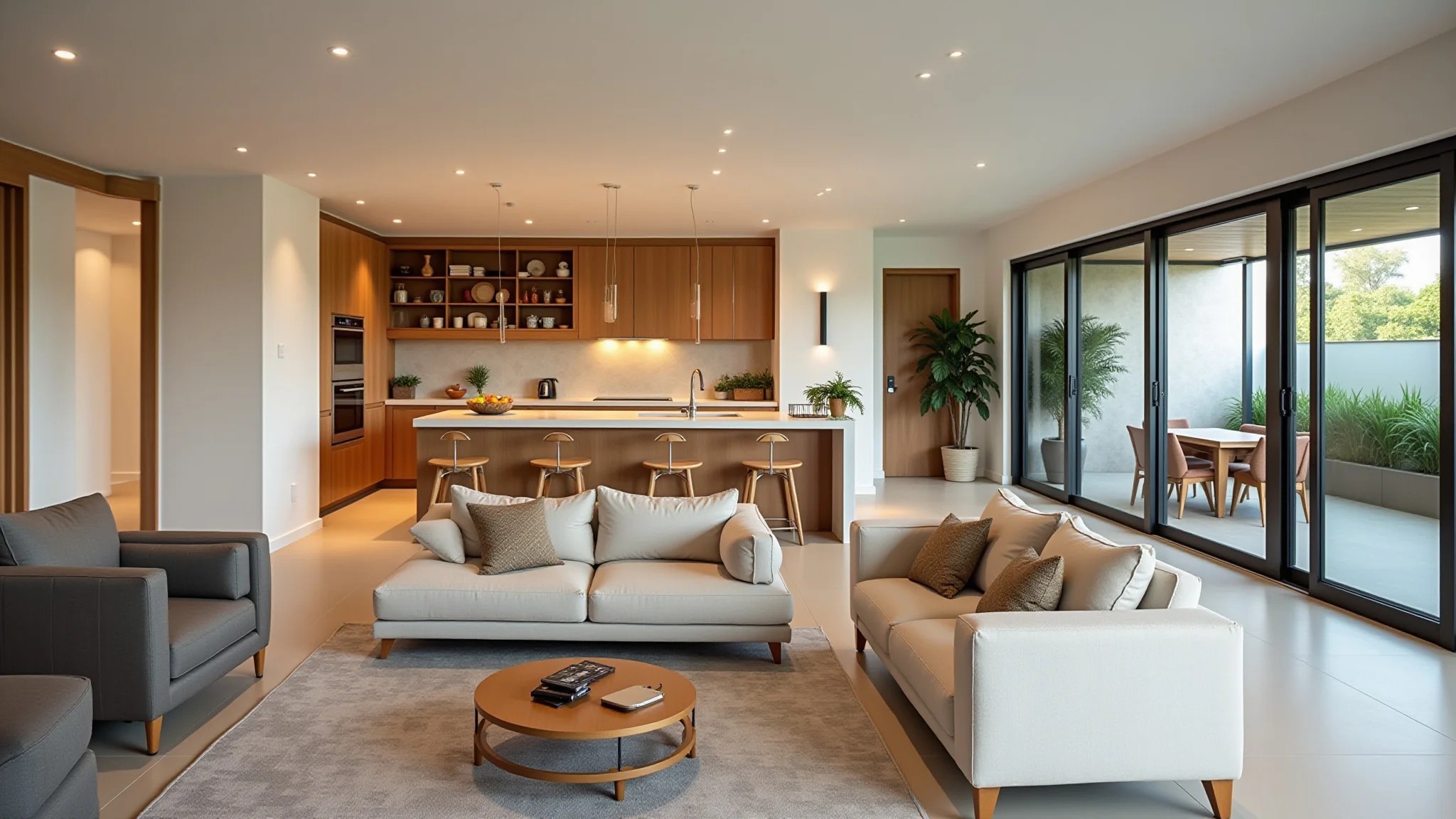 Sala integrada com cozinha, espaço aberto, detalhes em madeira e móveis modernos.