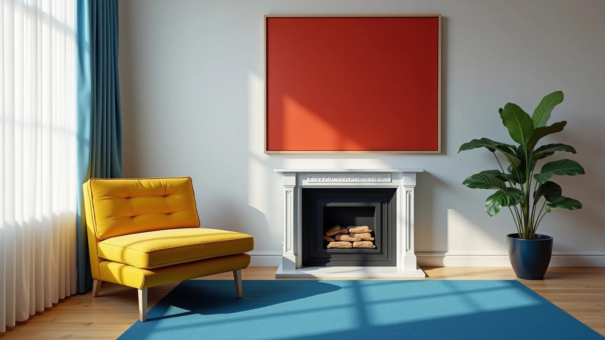 Sala de estar com cores primárias equilibradas: poltrona amarela, tapete azul e arte vermelha.
