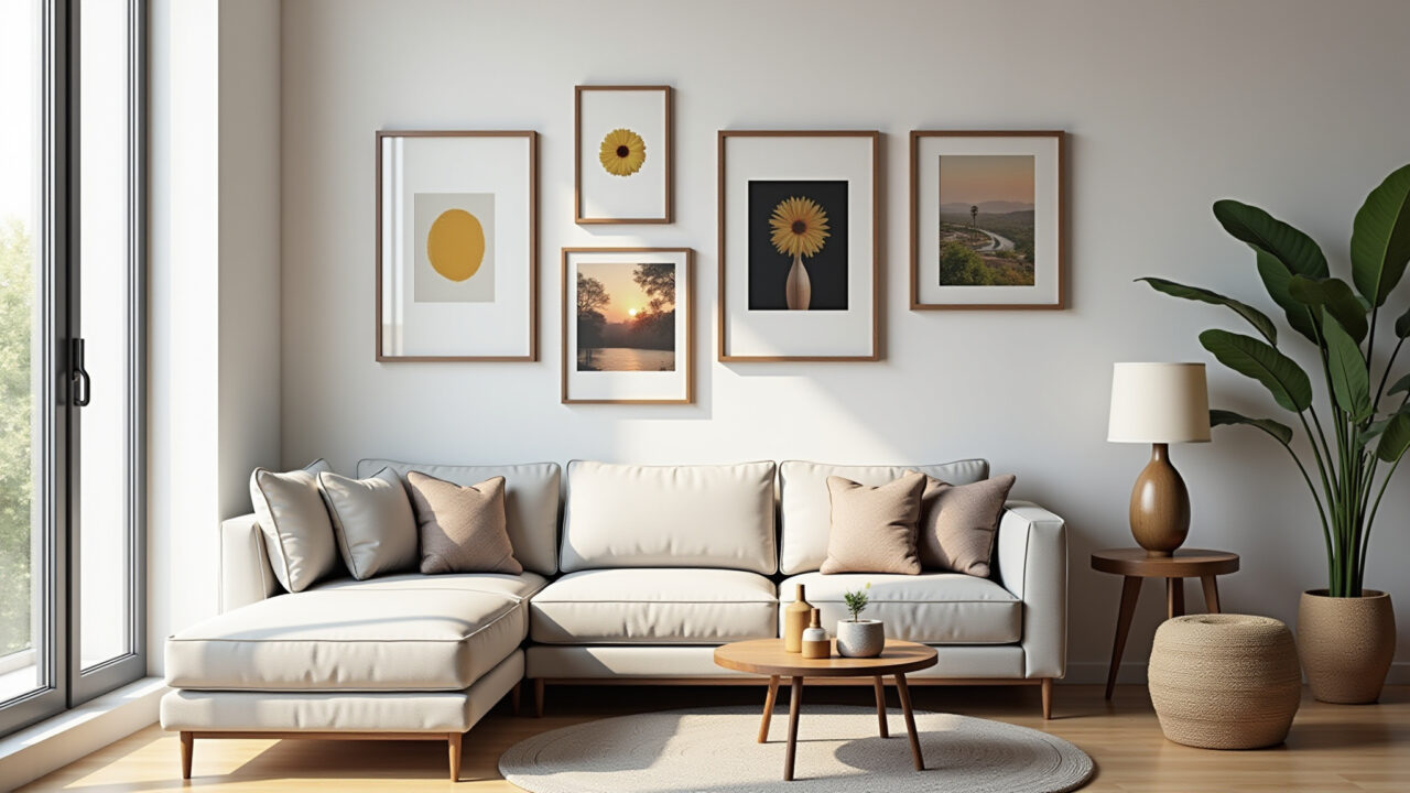 Parede da sala decorada com diversos quadros e pôsteres.