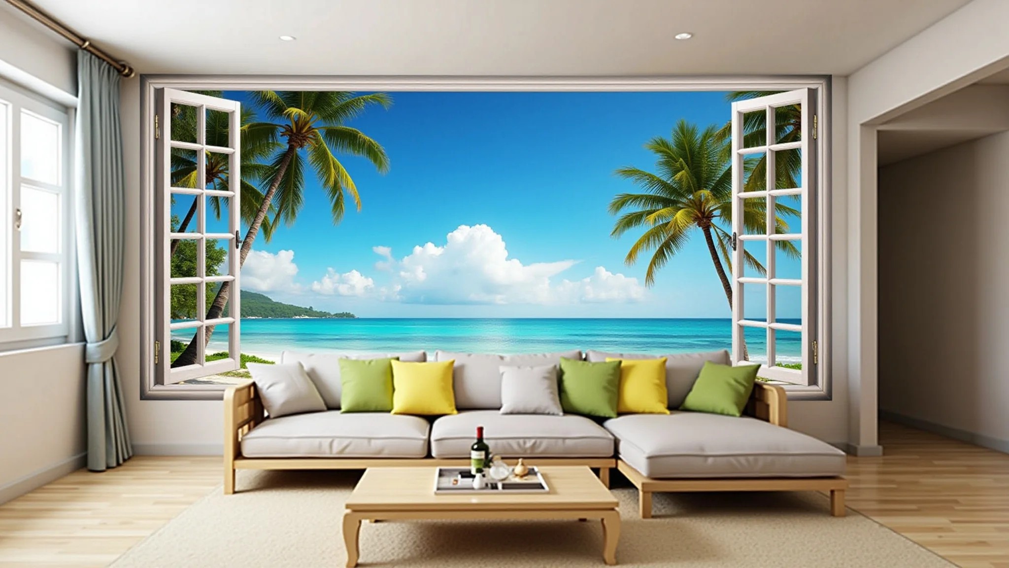 Sala com papel de parede 3D que ilusiona uma janela para uma praia tropical.