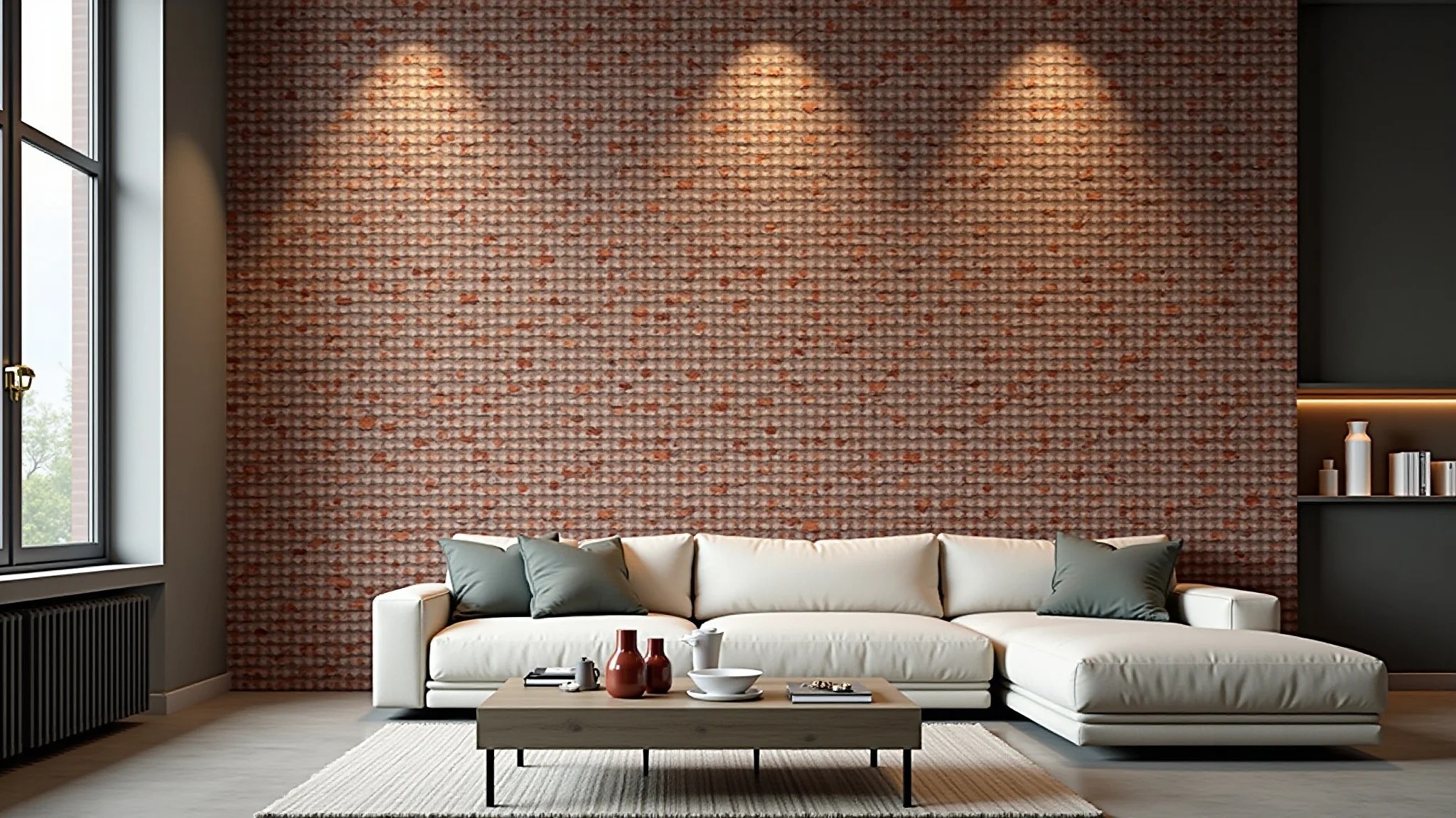 Sala com parede de gesso 3D com padrão de tijolos em estilo industrial.
