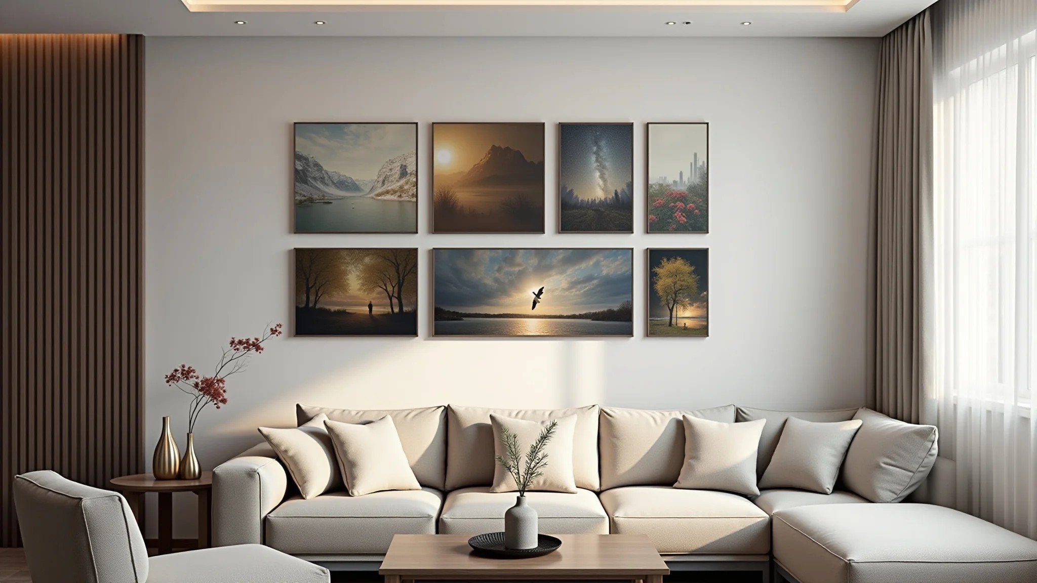 Sala de estar com obras de arte e parede de galeria.