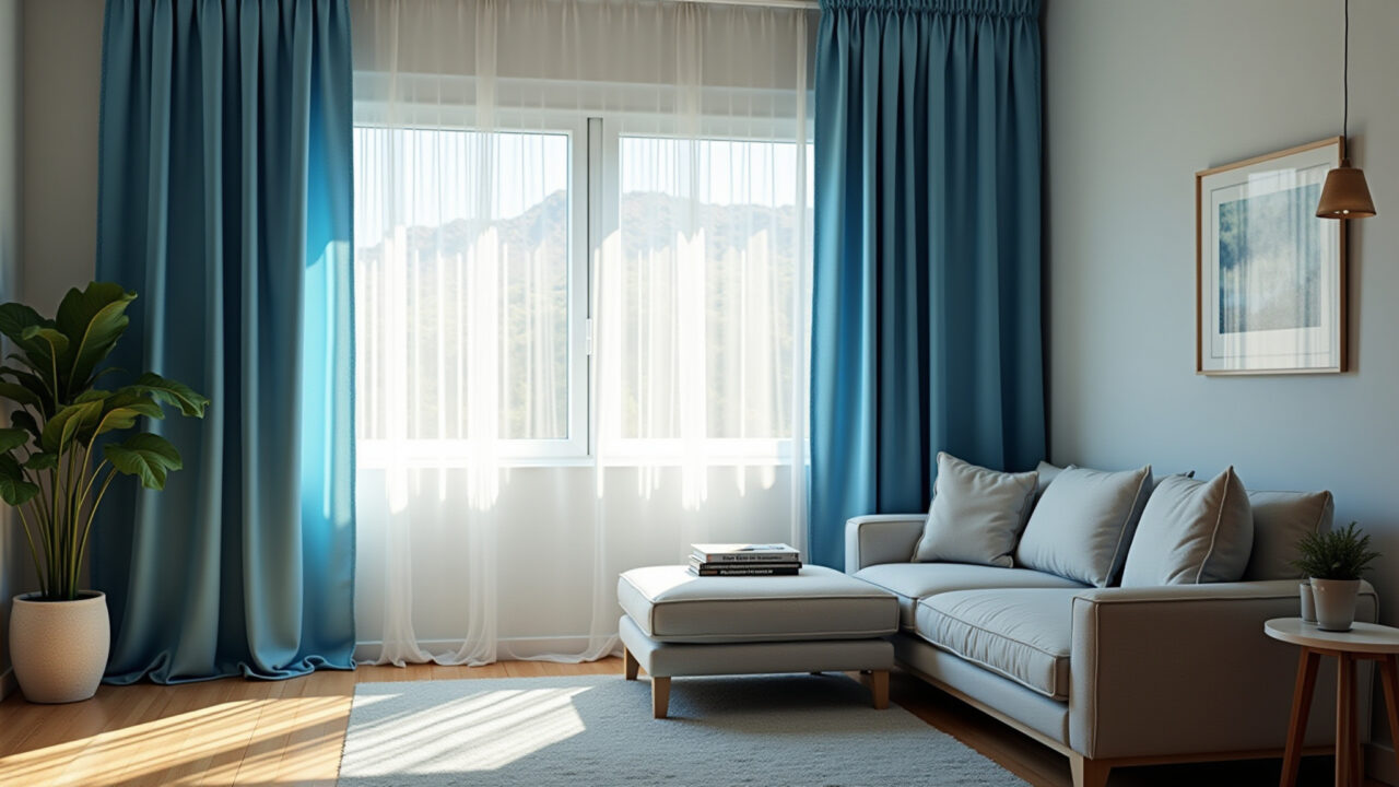 Sala de estar com cortinas azuis e piso de madeira.