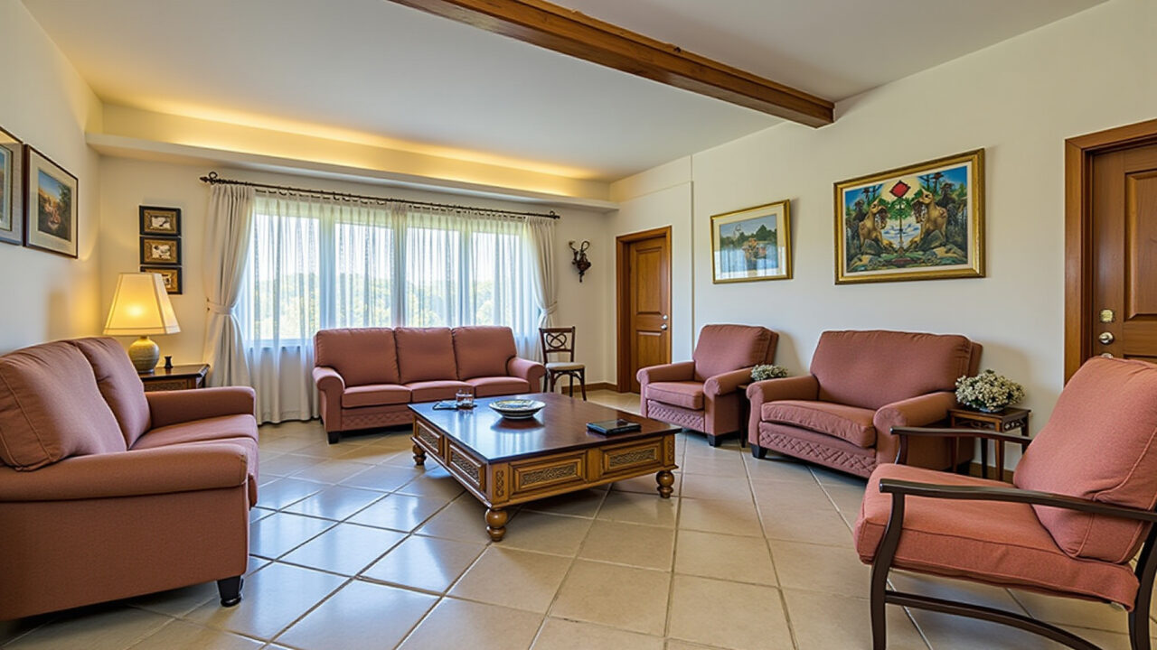 Sala de estar com mesas de centro e laterais.