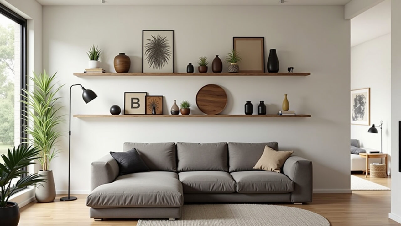 Sala de estar com objetos decorativos em prateleiras.
