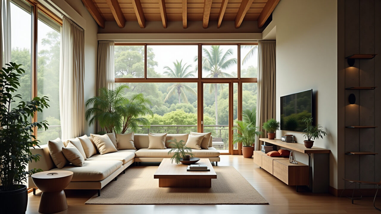Living room with double-height ceiling, large windows, natural light, Brazilian design furniture, Sala de estar com pé direito duplo, iluminação natural e design brasileiro.