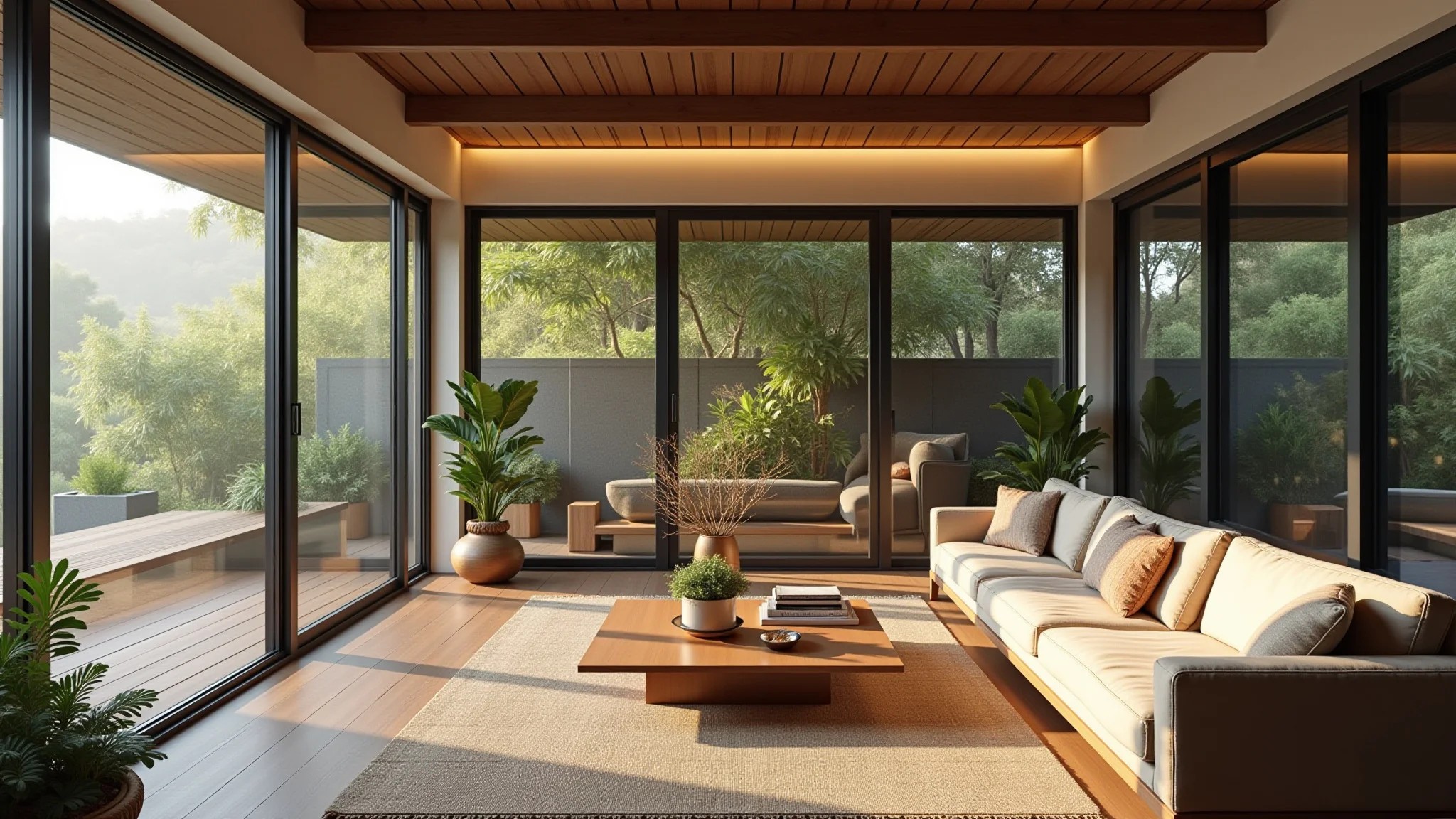 Sala com feng shui, janelas abertas e luz natural.