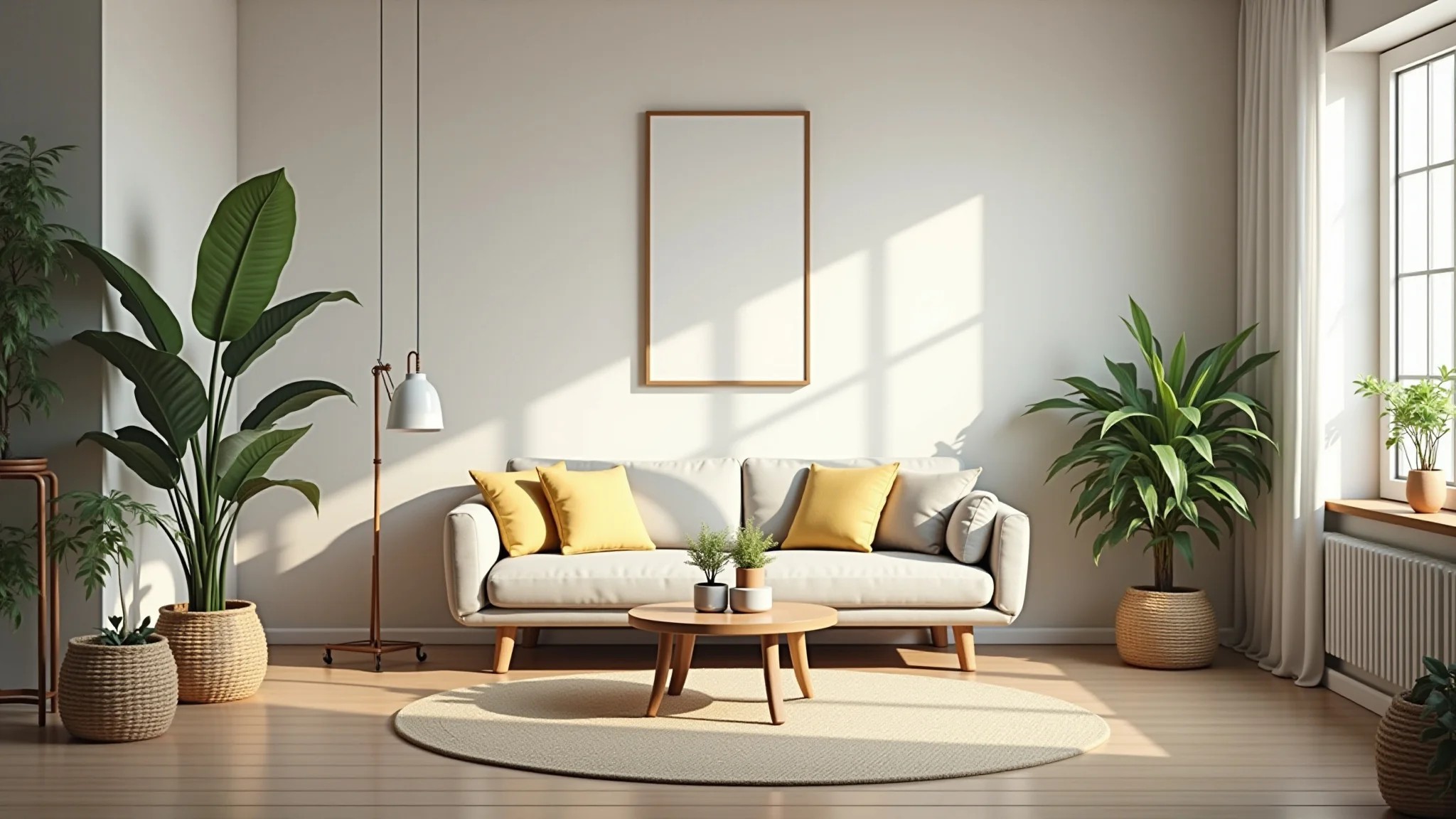 Sala com feng shui, cores suaves e luz natural.