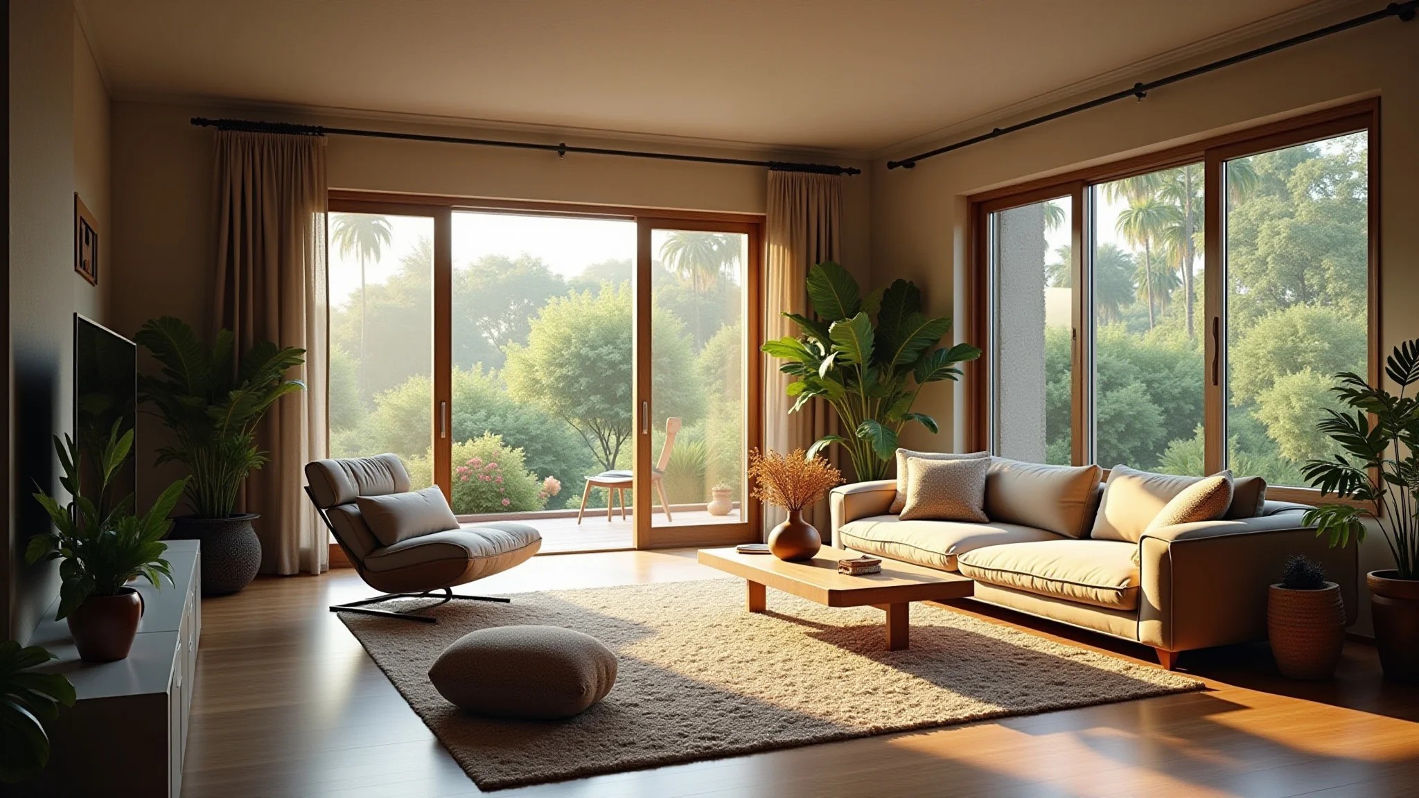 Sala arejada com luz natural, plantas e elementos de feng shui.
