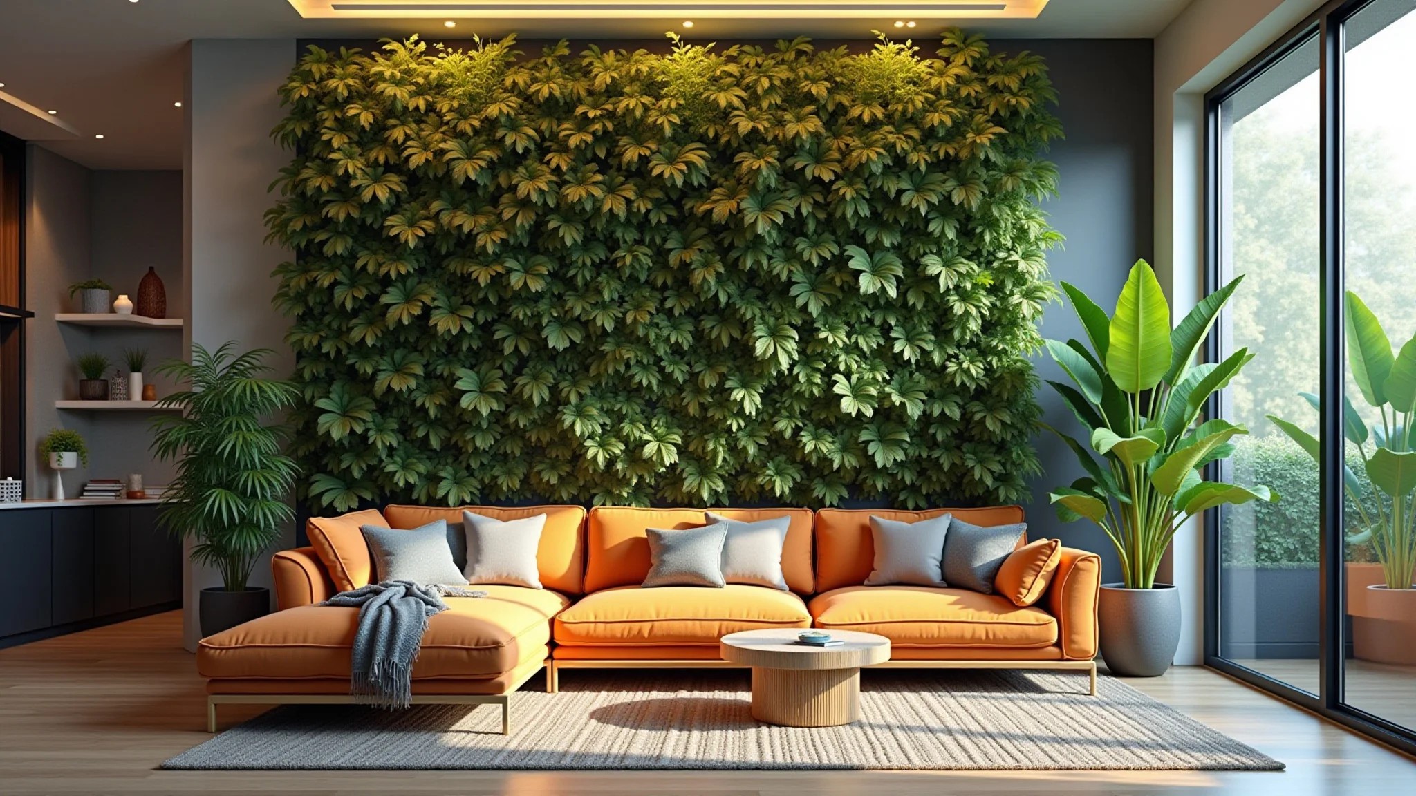 Sala de estar com plantas, jardim vertical e iluminação natural.