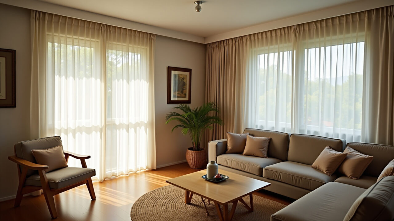 Sala de estar com cortinas translúcidas permitindo a entrada de luz suave.