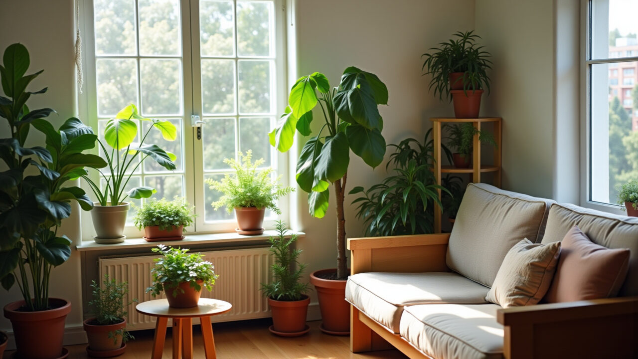 Sala de estar com diversas plantas em vasos.