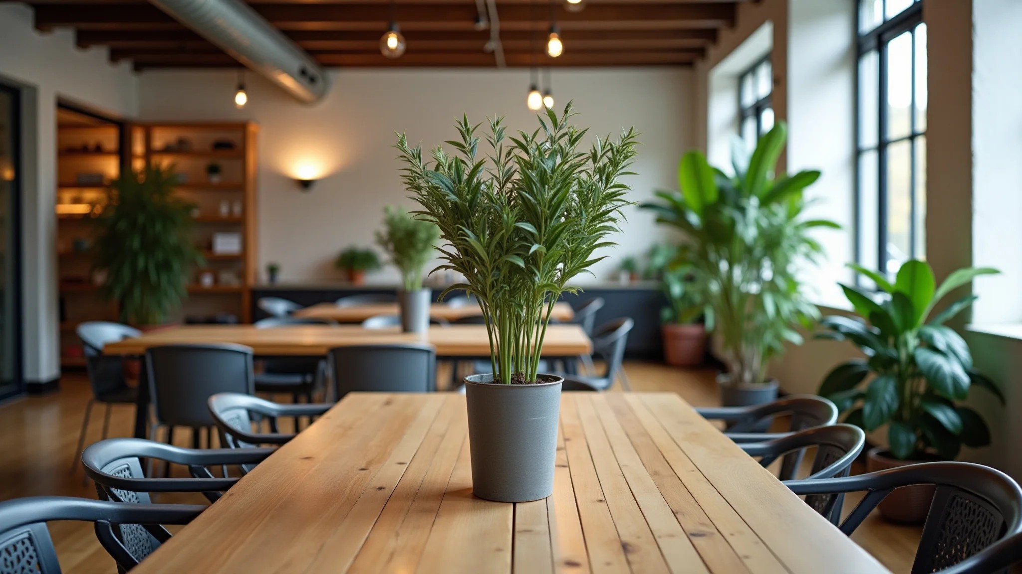 Área de jantar em loft com mesa de madeira, cadeiras de metal e plantas brasileiras.