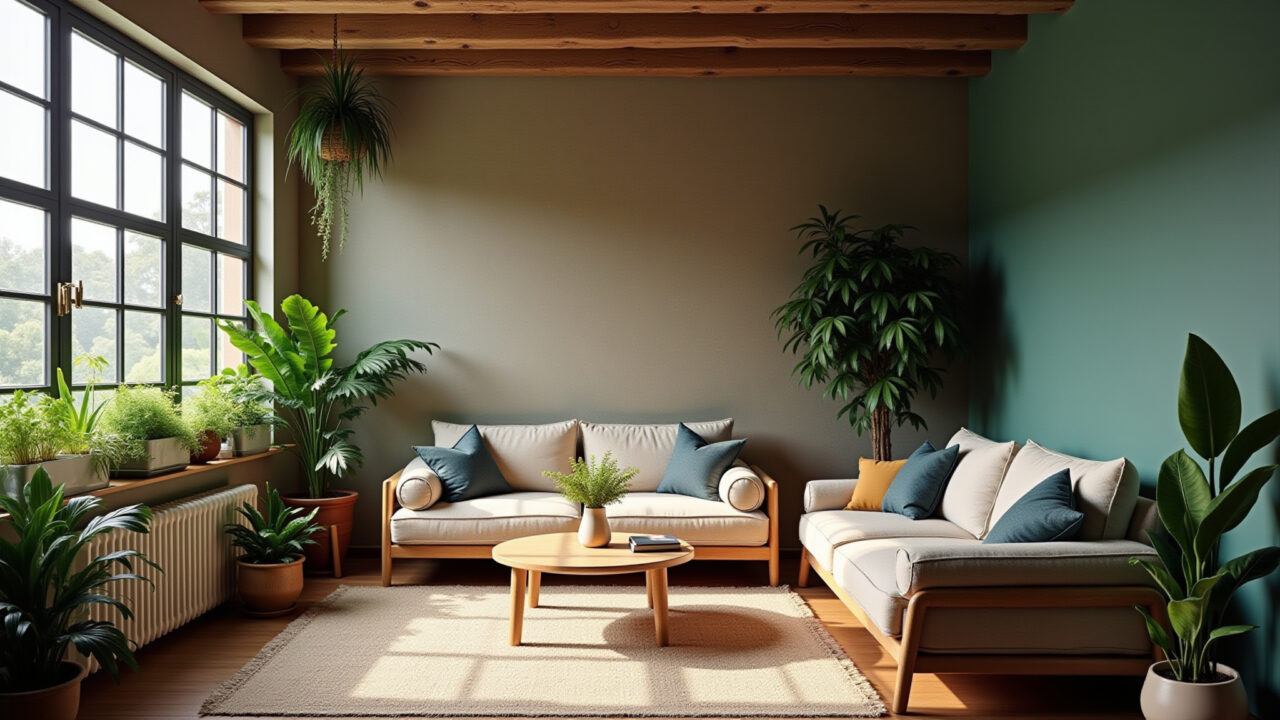 Loft, double-height, indoor plants, Brazilian style, natural light, green corner, 8K, lifestyle Cantinho verde em loft com pé direito duplo.