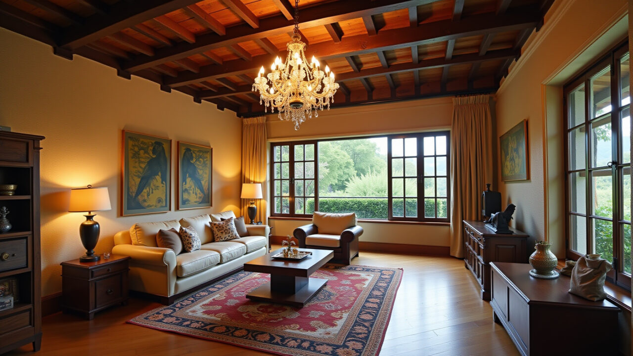 Loft, double-height space, impressive chandelier, Brazilian decor, warm lighting, 8K, commercial Lustre imponente em loft com pé direito duplo.