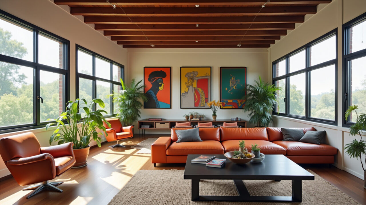 Loft, double-height wall, large art pieces, Brazilian design, vibrant colors, natural light, 8K, Paredes decoradas com arte em loft.