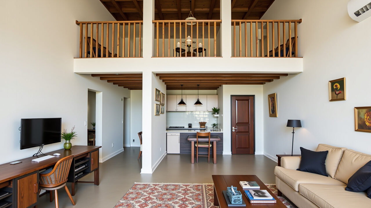 Loft with double height, mezzanine level, cozy workspace, Brazilian decor, natural light, 8K, Mezanino em loft com pé direito duplo.
