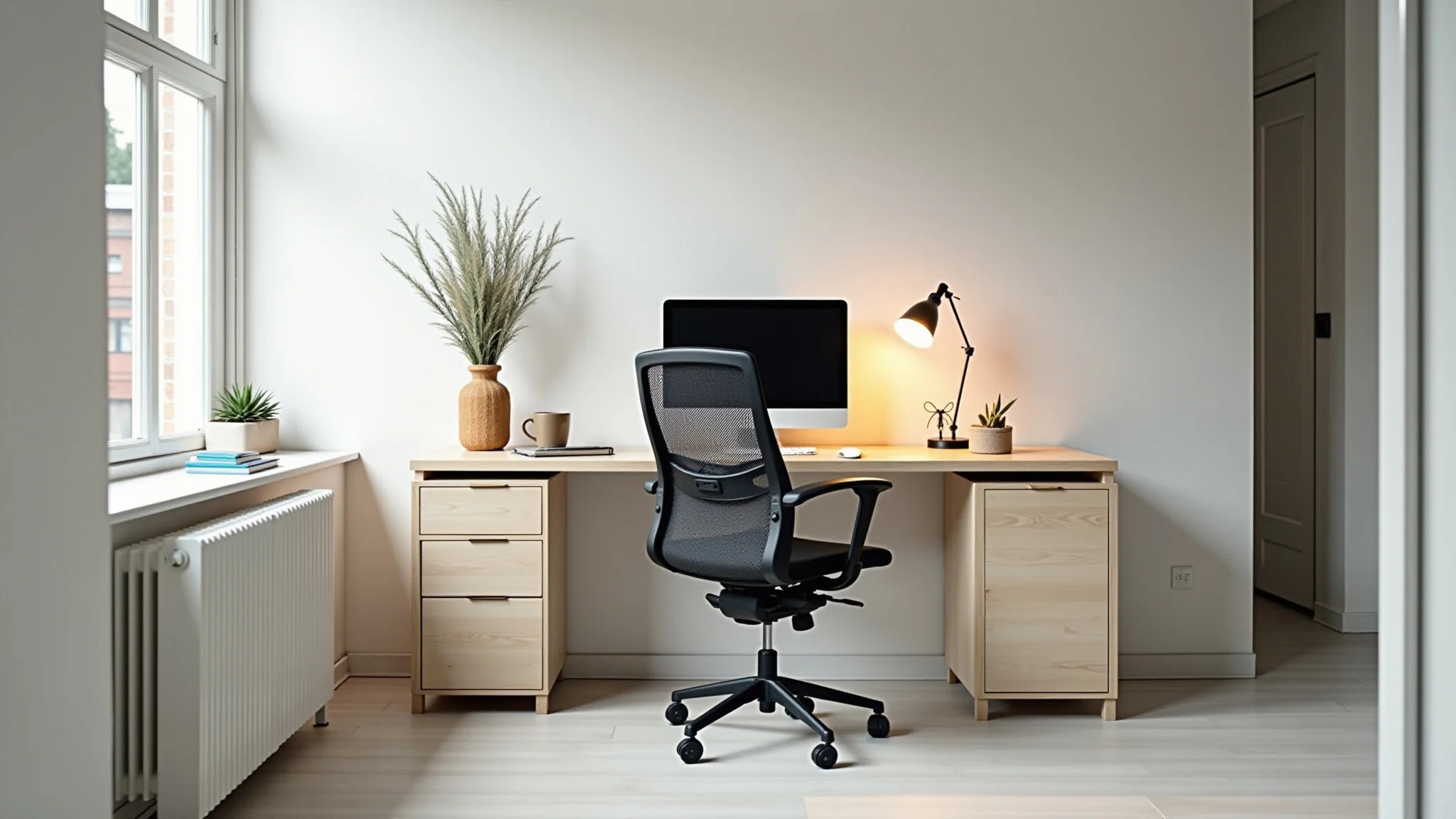 Espaço de trabalho em loft com mesa minimalista, cadeira ergonômica e decoração brasileira.