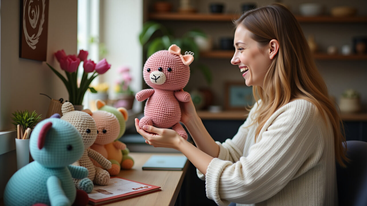 Loyal customer buying amigurumi from artisan. Professional photography, 8K quality, sharp focus, Cliente fiel comprando amigurumi de artesã.