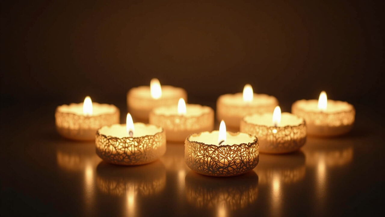 Luminárias de velas feitas com latas de alumínio.