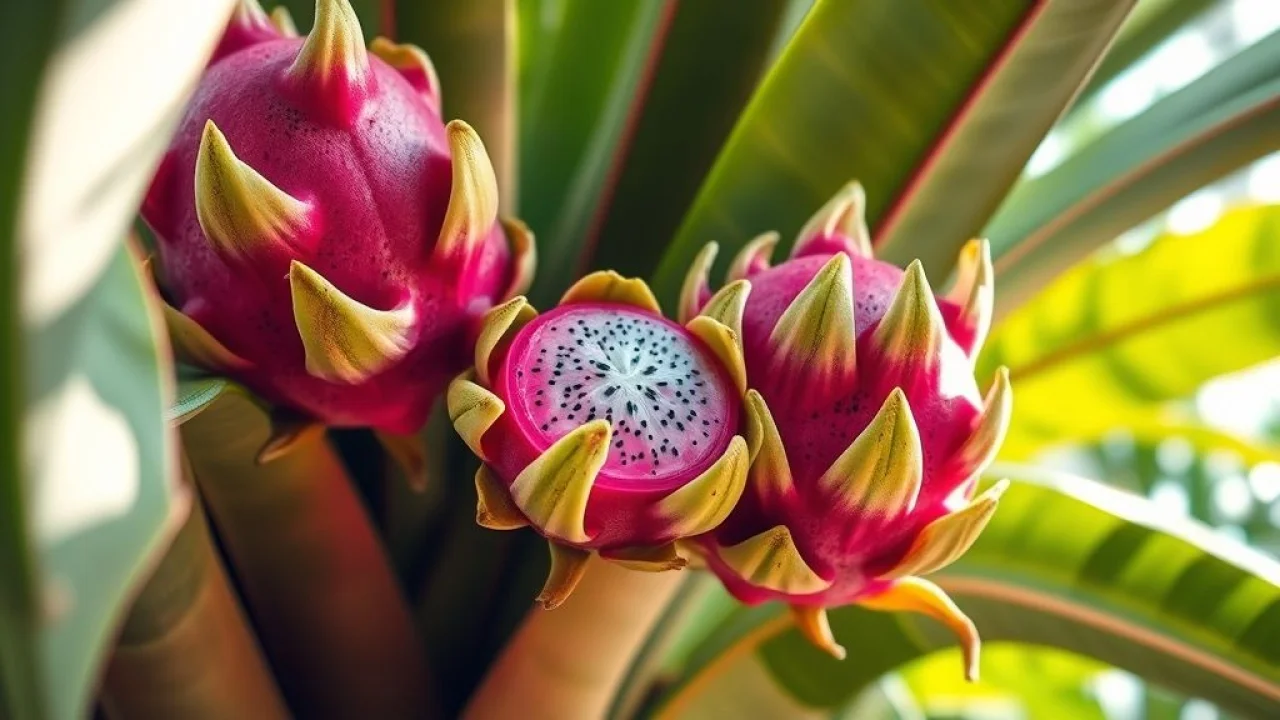 Lush pitaya plant with vibrant pink fruit, close-up, professional botanical photography, natural Pitaya rosa vibrante em planta exuberante, close-up, fotografia profissional.