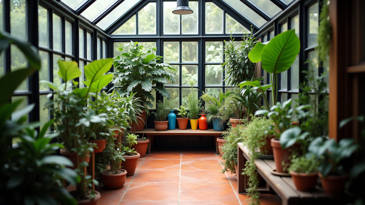 Lush winter garden inside a glass-enclosed varanda, showcasing diverse plants, colorful vases, and Jardim de inverno exuberante em varanda fechada com vidro.