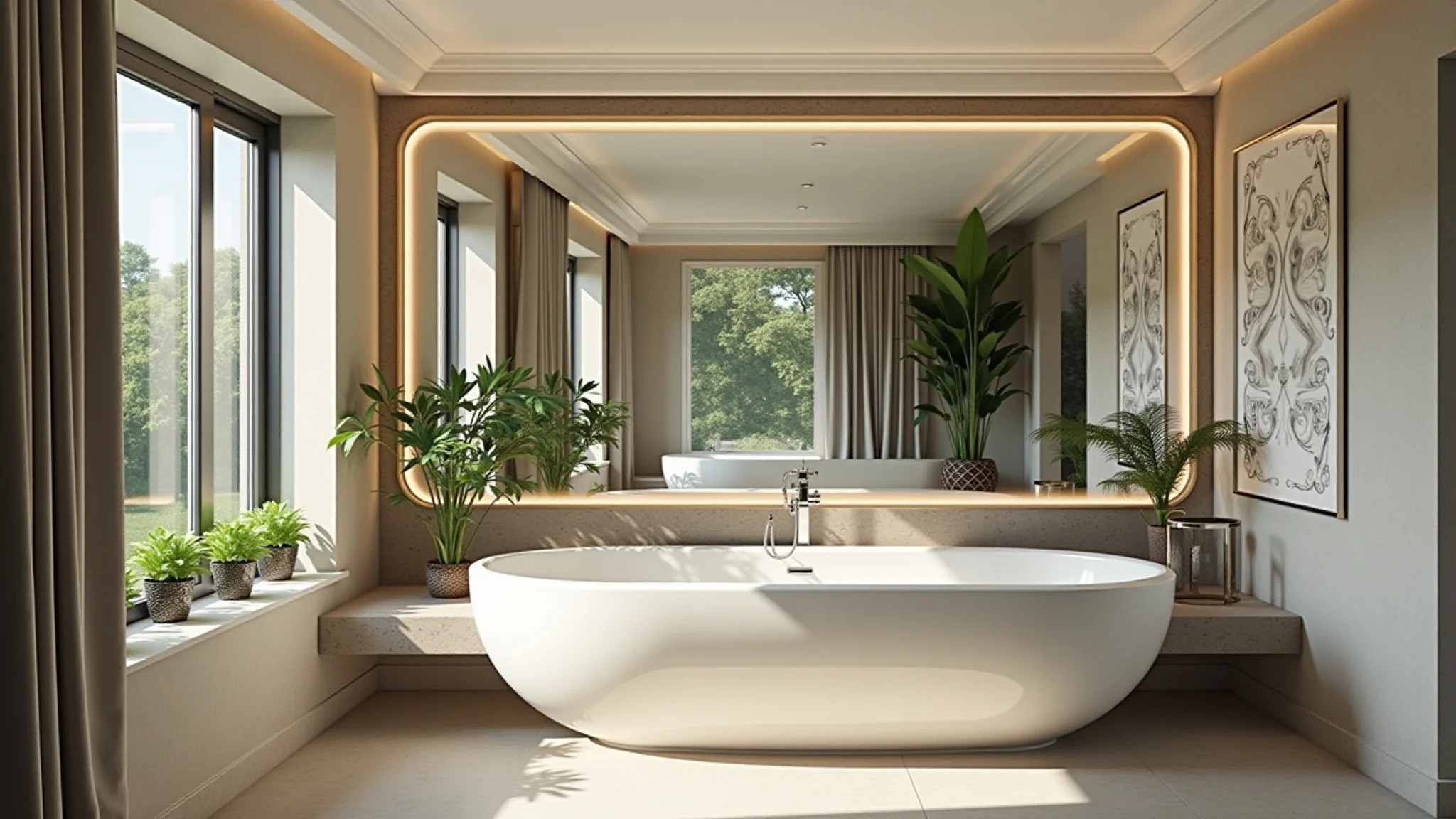 Banheiro luxuoso com parede espelhada, banheira elegante, design brasileiro, plantas.