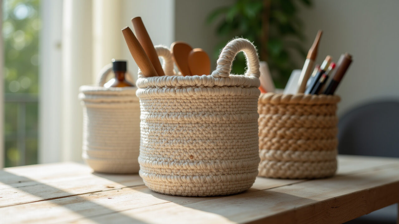 Cesto de macramê para organizar objetos em estilo rústico.