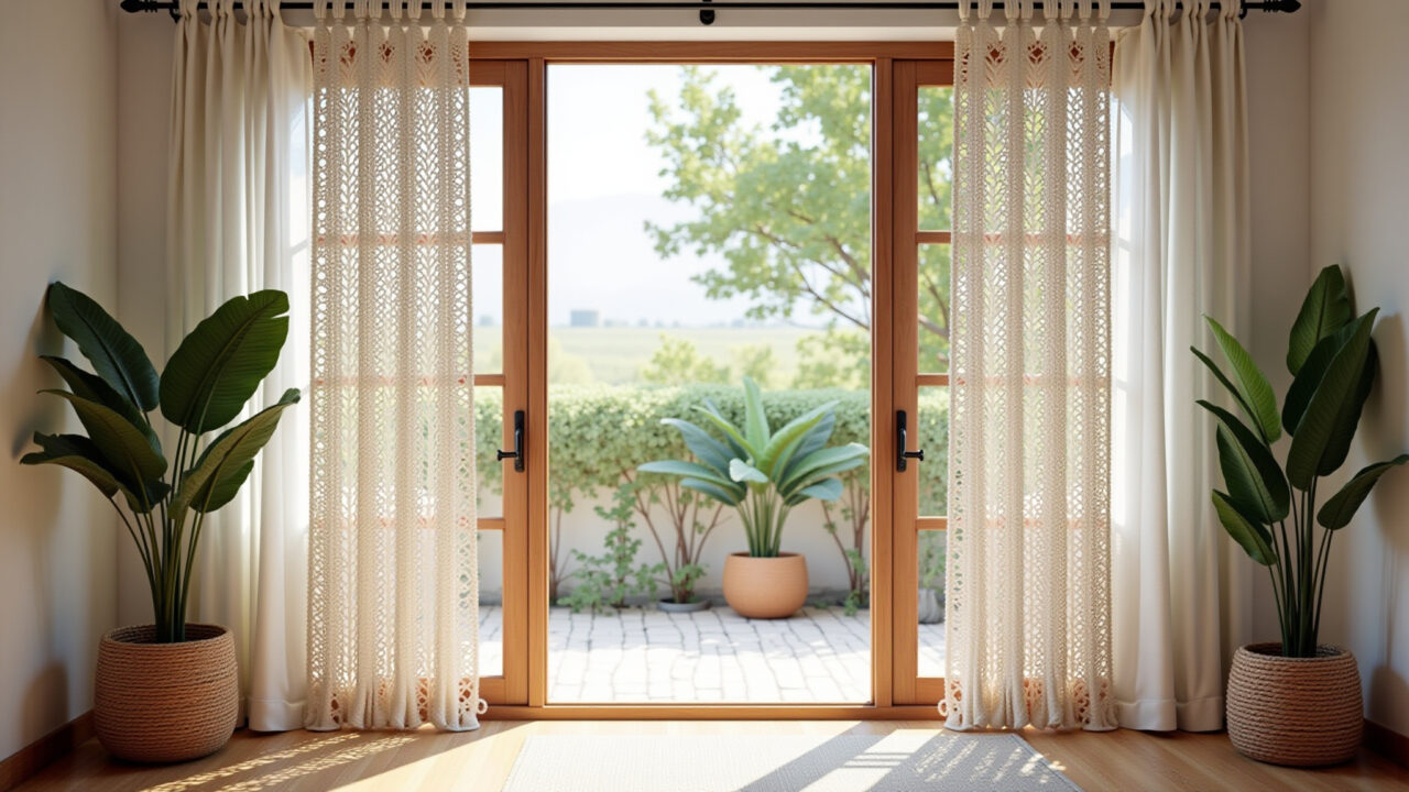 Cortina de macramê dividindo espaços com design criativo.