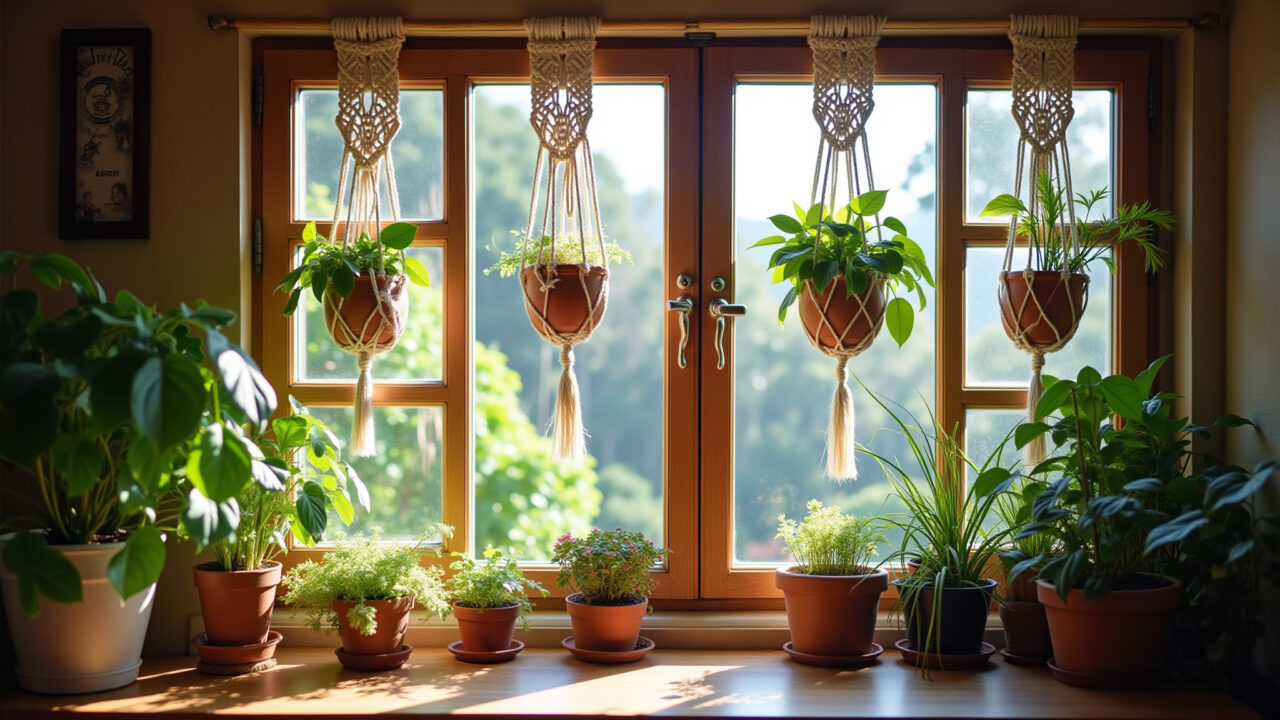 Cortina de macramê com suporte para plantas, criando um jardim vertical.