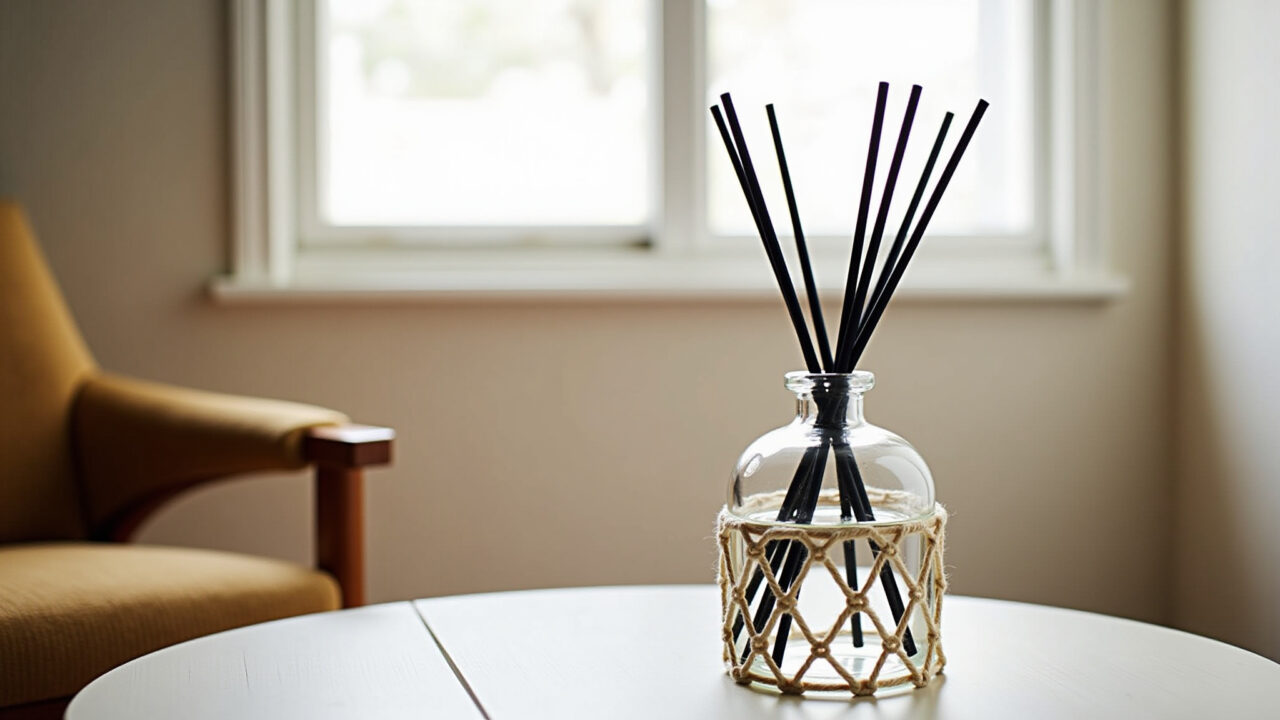 Aromatizador de ambientes feito com garrafa de macramê.