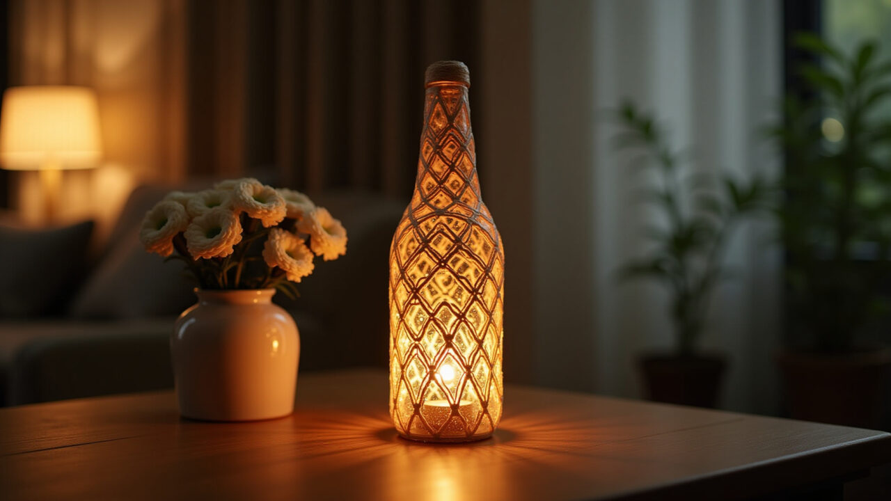 Luminária de macramê feita com garrafa de vidro.