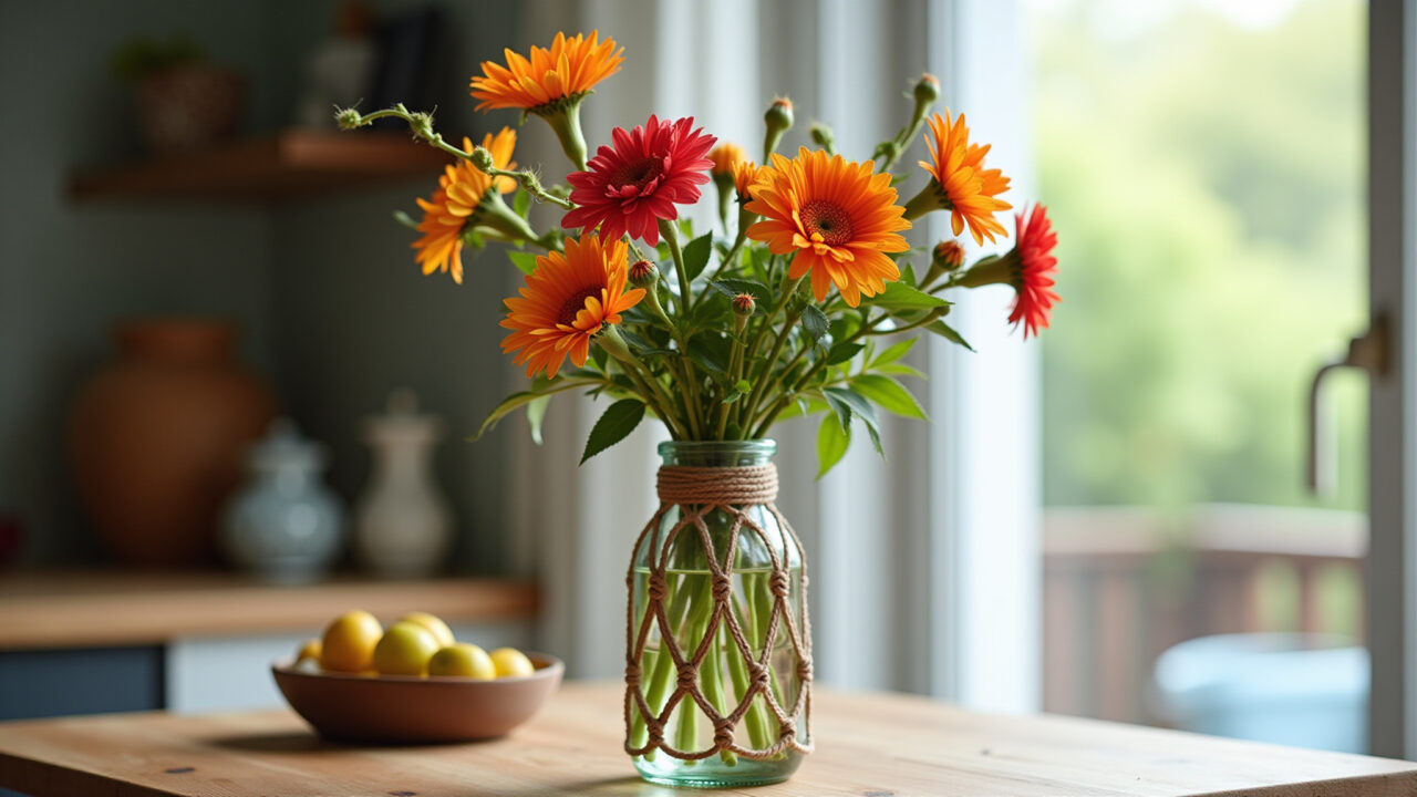Vaso de garrafa com macramê e flores coloridas.