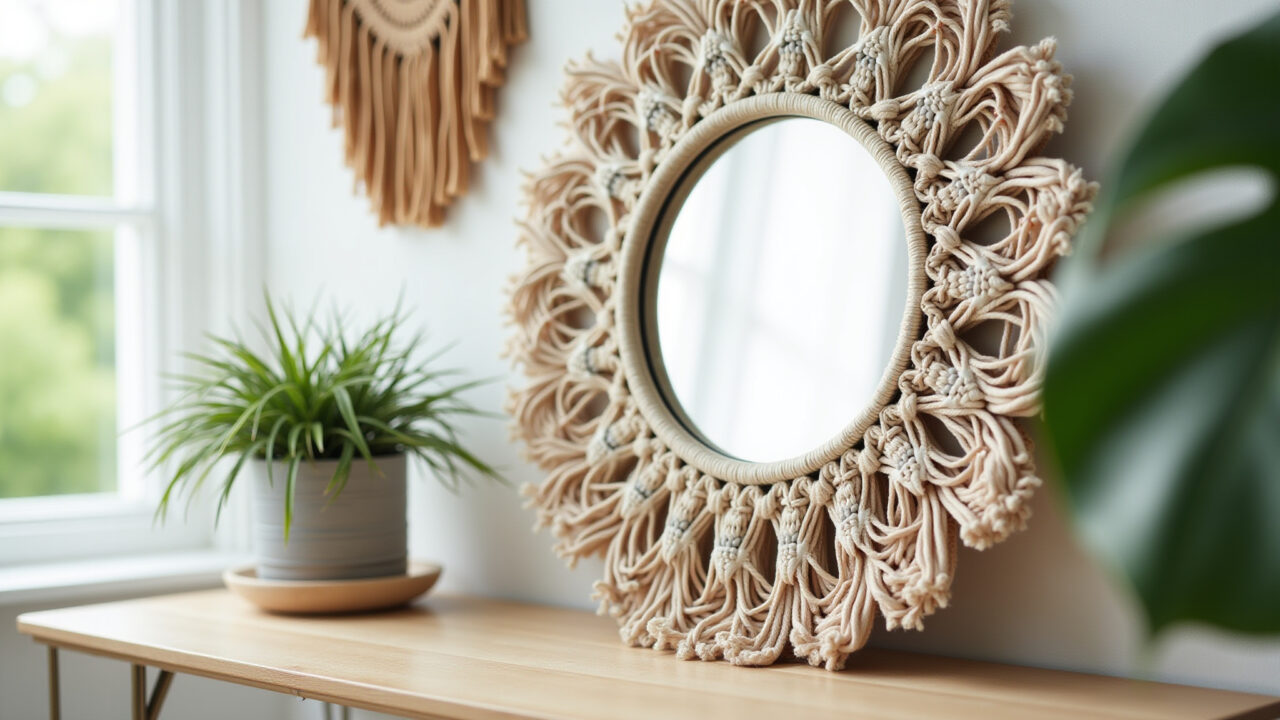 Espelho decorativo com moldura de macramê e franjas.