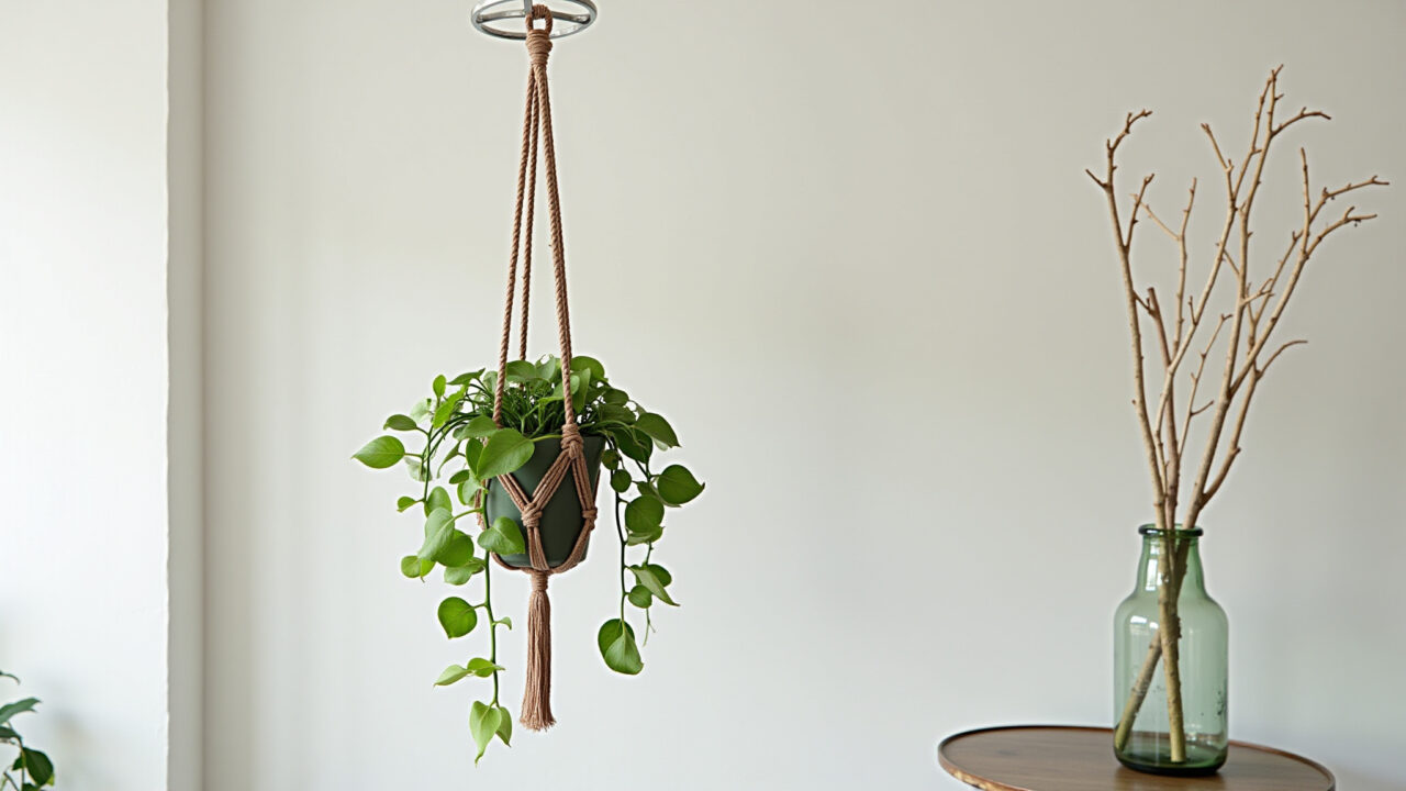 Suporte de planta macramê com argola de metal e vaso de vidro.