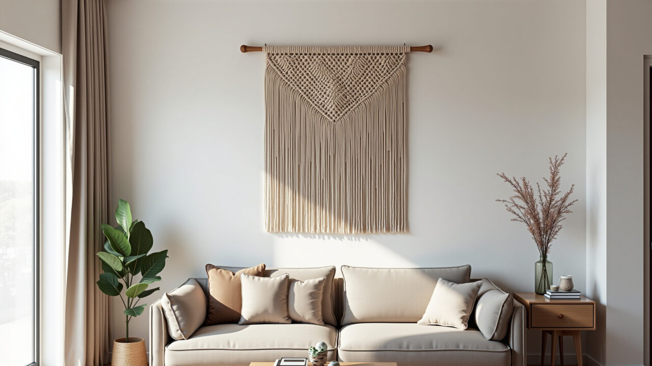 Painel de macramê na parede com detalhes de franjas.