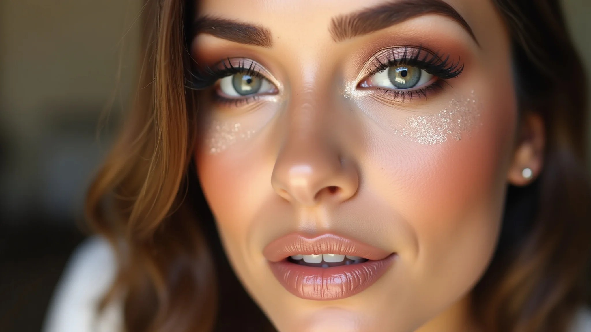 Detalhes de maquiagem: sombra rosé gold e batom nude, beleza e sofisticação.